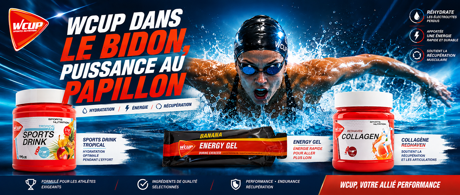 Natation WCUP FRANCE NUTRITION SPORTIVE ENERGY HYDRATATION ENERGETIQUE PROTEINE ELECTROLYTE
