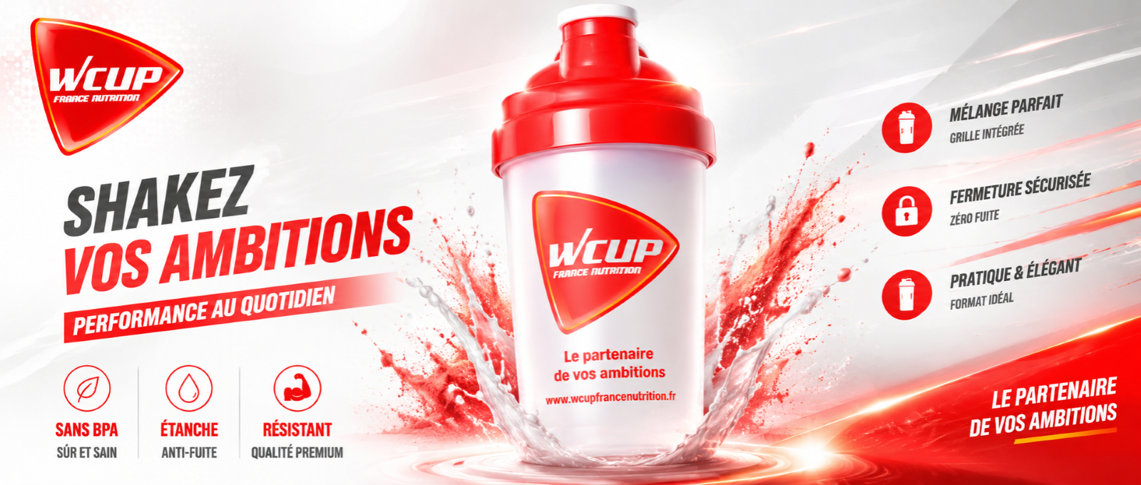 shaker WCUP FRANCE NUTRITION SPORTIVE ENERGY HYDRATATION ENERGETIQUE PROTEINE ELECTROLYTE