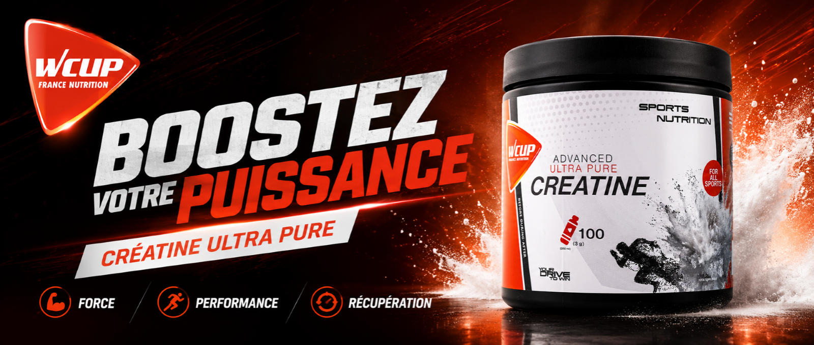 Creatine pot WCUP FRANCE NUTRITION SPORTIVE ENERGY HYDRATATION ENERGETIQUE PROTEINE ELECTROLYTE