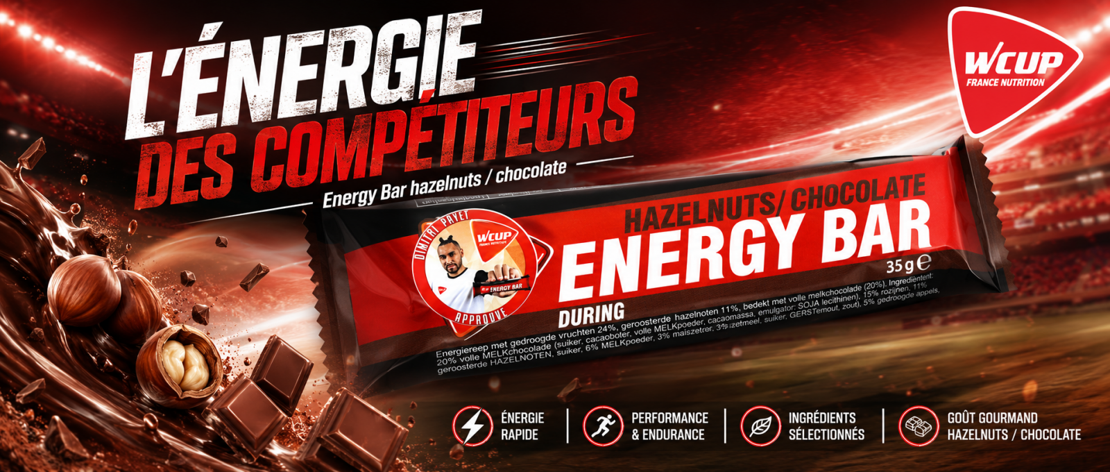 Barre choco payet WCUP FRANCE NUTRITION SPORTIVE ENERGY HYDRATATION ENERGETIQUE PROTEINE ELECTROLYTE